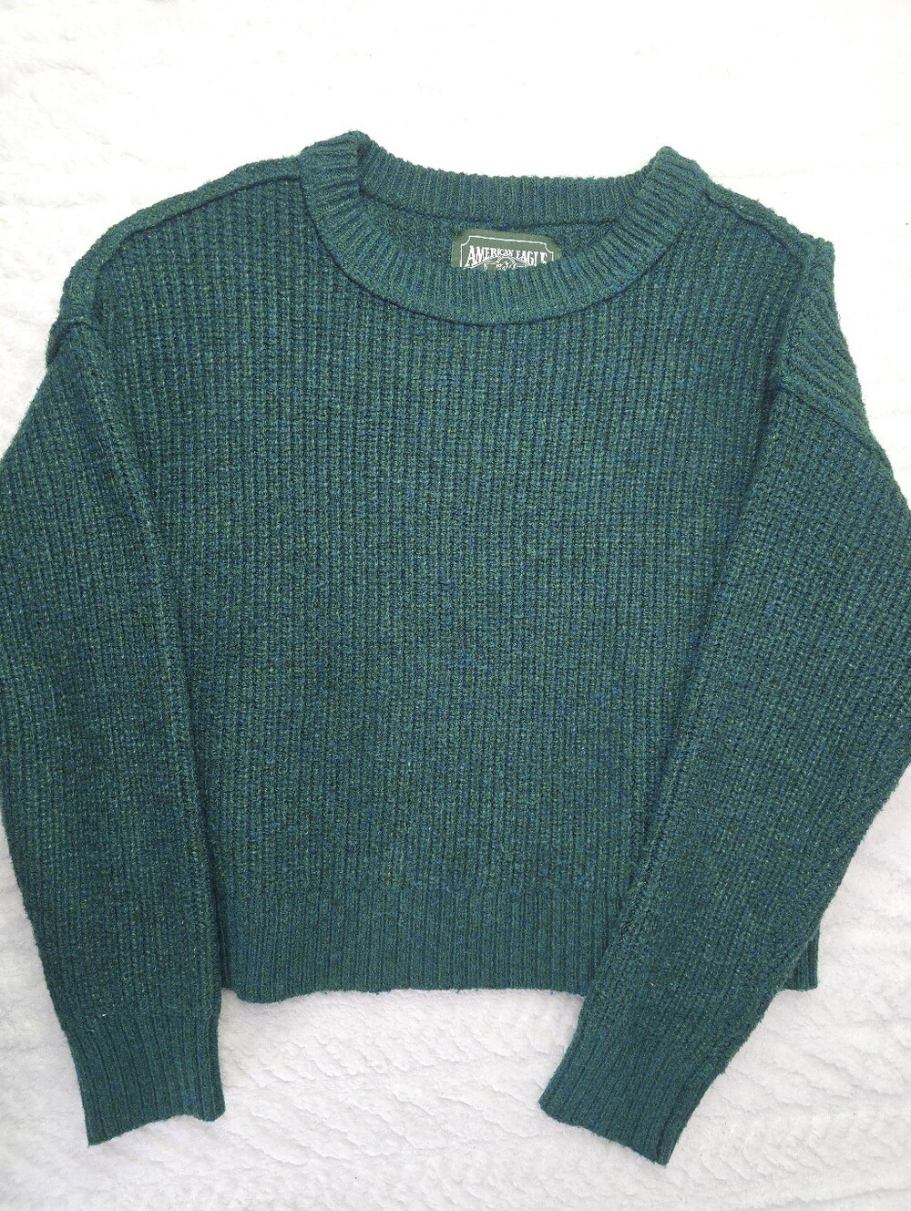 American Eagle Cropped Sweater Green Ribbed Wool Blend Boxy Relaxed Long Sleeve